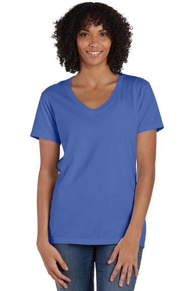 ComfortWash By Hanes GDH125 Mens Garment Dyed Short Sleeve V-Neck T-Shirt Deep Forte Blue Model Front
