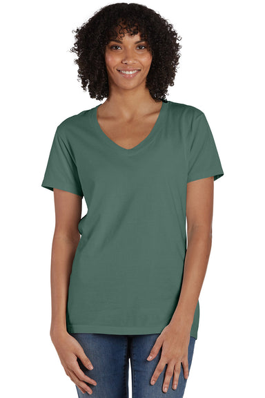 ComfortWash By Hanes GDH125 Mens Garment Dyed Short Sleeve V-Neck T-Shirt Cypress Green Model Front