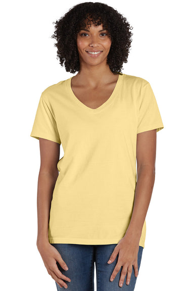 ComfortWash By Hanes GDH125 Mens Garment Dyed Short Sleeve V-Neck T-Shirt Summer Squash Yellow Model Front