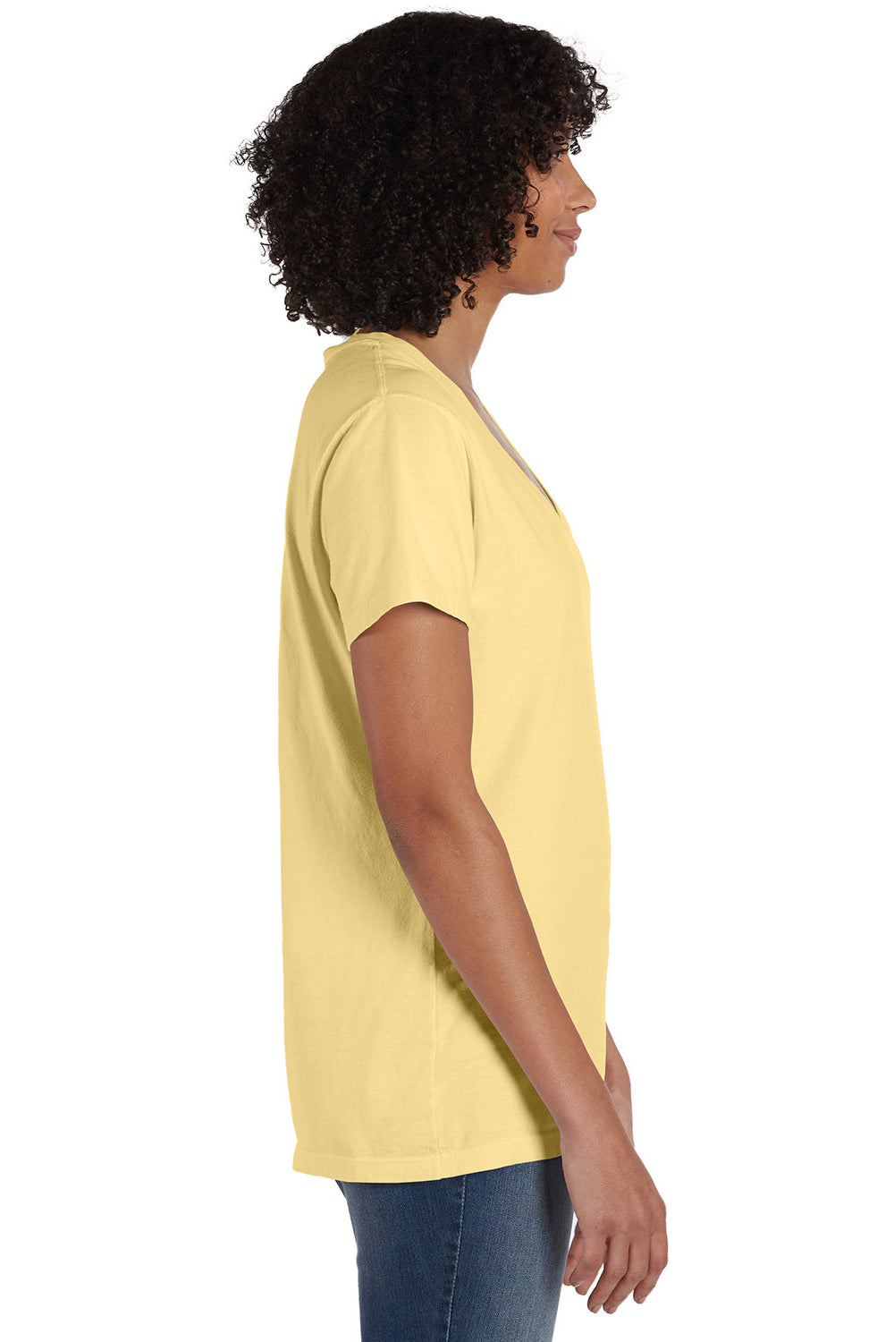 ComfortWash By Hanes GDH125 Mens Garment Dyed Short Sleeve V-Neck T-Shirt Summer Squash Yellow Model Side