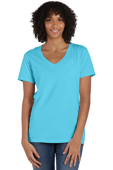 ComfortWash By Hanes GDH125 Mens Garment Dyed Short Sleeve V-Neck T-Shirt Freshwater Blue Model Front