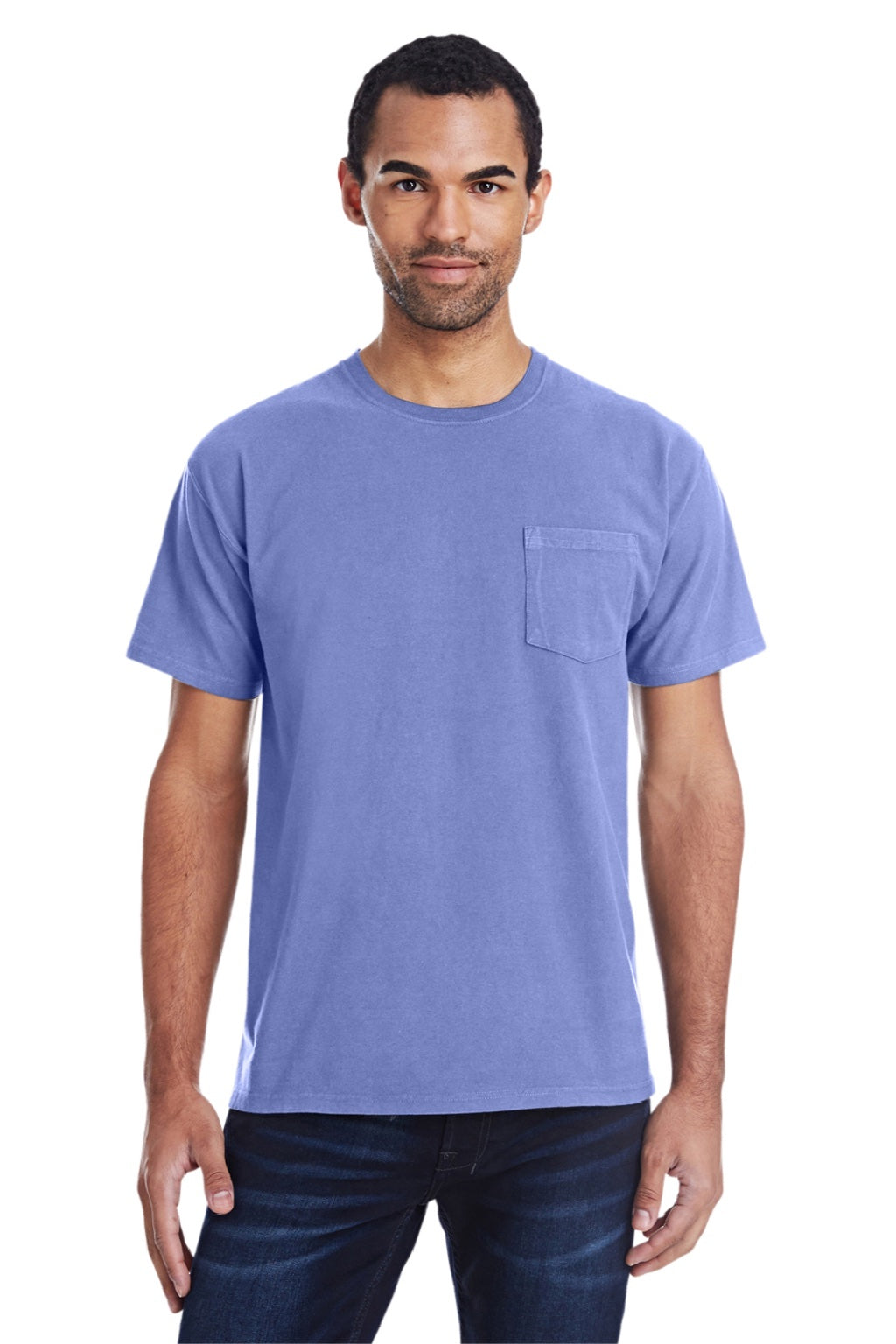 ComfortWash By Hanes GDH150 Mens Short Sleeve Crewneck T-Shirt w/ Pocket Deep Forte Blue Model Front