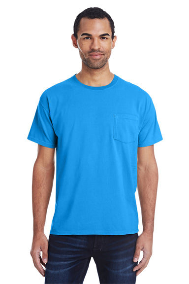 ComfortWash By Hanes GDH150 Mens Short Sleeve Crewneck T-Shirt w/ Pocket Summer Sky Blue Model Front