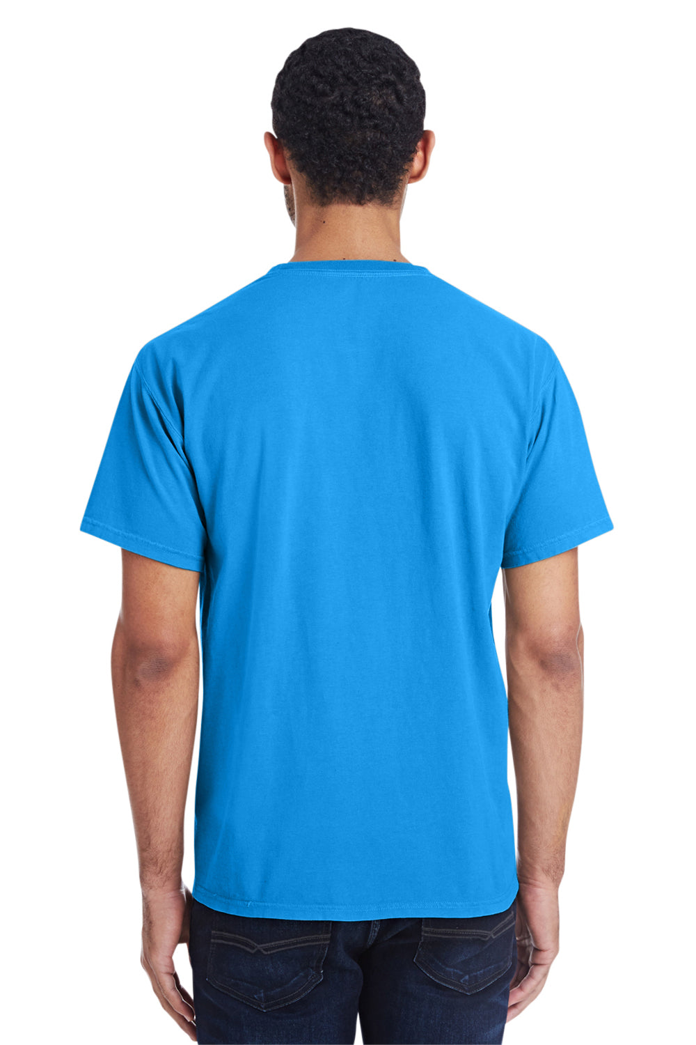 ComfortWash By Hanes GDH150 Mens Short Sleeve Crewneck T-Shirt w/ Pocket Summer Sky Blue Model Back