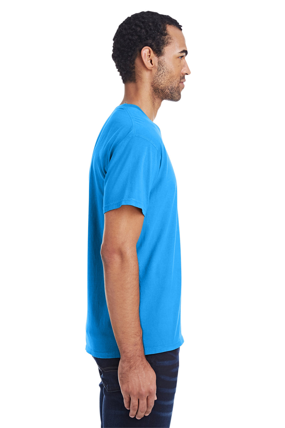 ComfortWash By Hanes GDH150 Mens Short Sleeve Crewneck T-Shirt w/ Pocket Summer Sky Blue Model Side