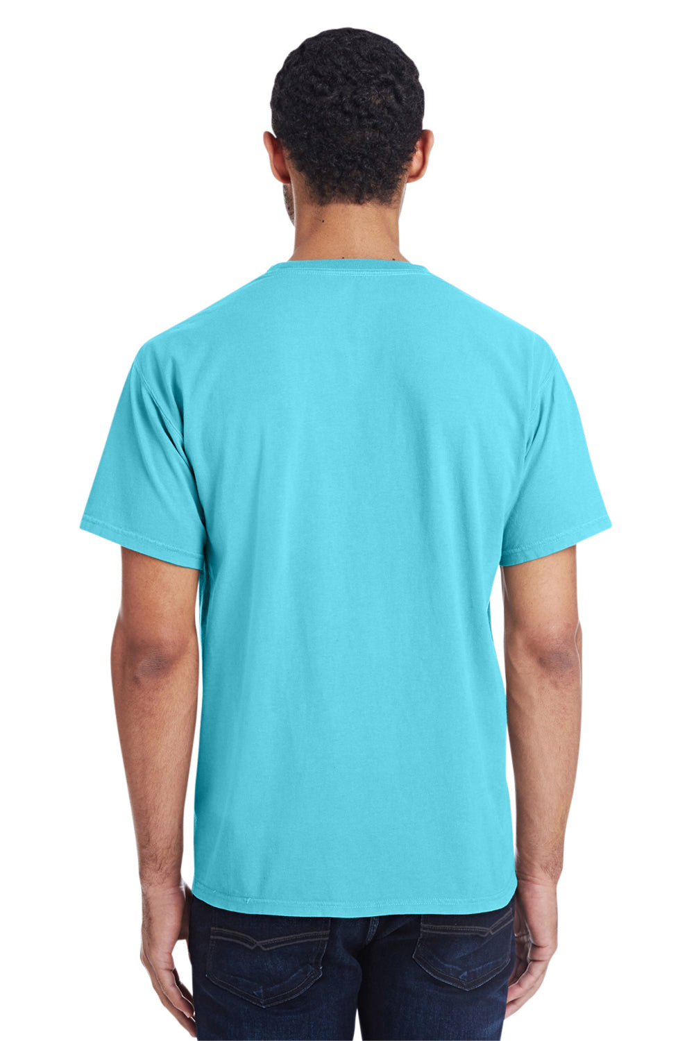 ComfortWash By Hanes GDH150 Mens Short Sleeve Crewneck T-Shirt w/ Pocket Freshwater Blue Model Back