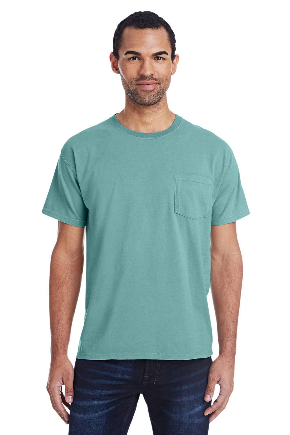 ComfortWash By Hanes GDH150 Mens Short Sleeve Crewneck T-Shirt w/ Pocket Spanish Moss Green Model Front