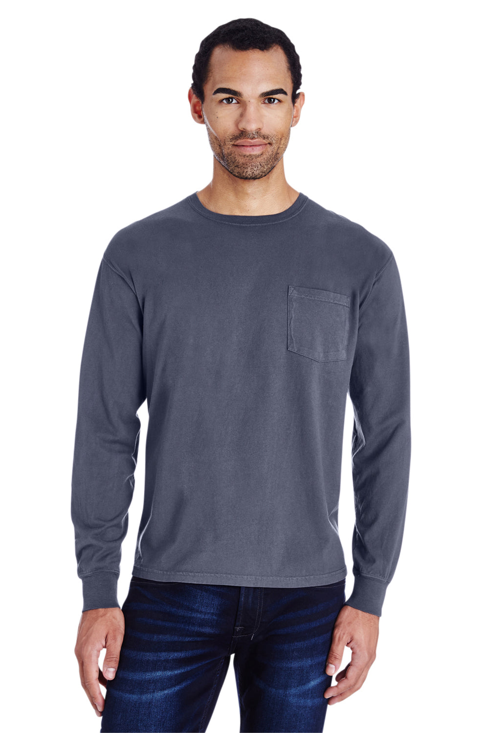 ComfortWash By Hanes GDH250 Mens Long Sleeve Crewneck T-Shirt w/ Pocket Anchor Slate Blue Model Front