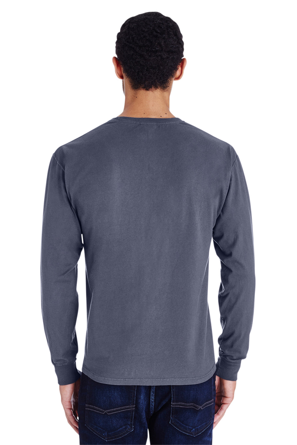 ComfortWash By Hanes GDH250 Mens Long Sleeve Crewneck T-Shirt w/ Pocket Anchor Slate Blue Model Back