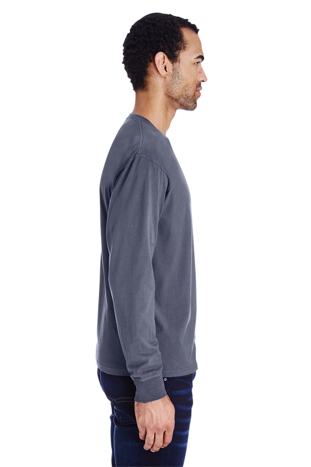 ComfortWash By Hanes GDH250 Mens Long Sleeve Crewneck T-Shirt w/ Pocket Anchor Slate Blue Model Side