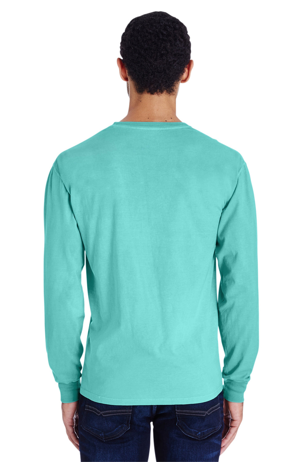 ComfortWash By Hanes GDH250 Mens Long Sleeve Crewneck T-Shirt w/ Pocket Mint Green Model Back