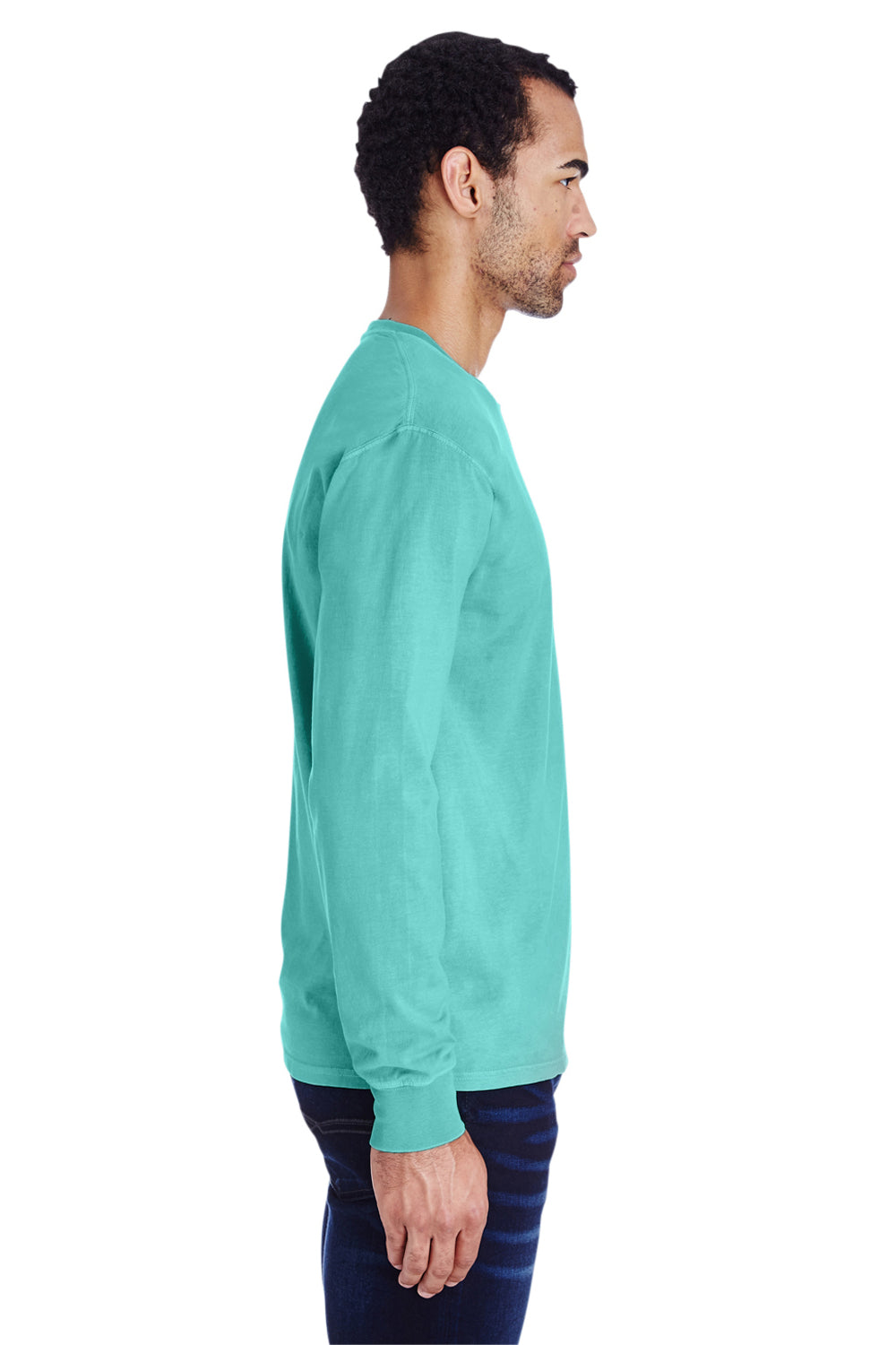 ComfortWash By Hanes GDH250 Mens Long Sleeve Crewneck T-Shirt w/ Pocket Mint Green Model Side