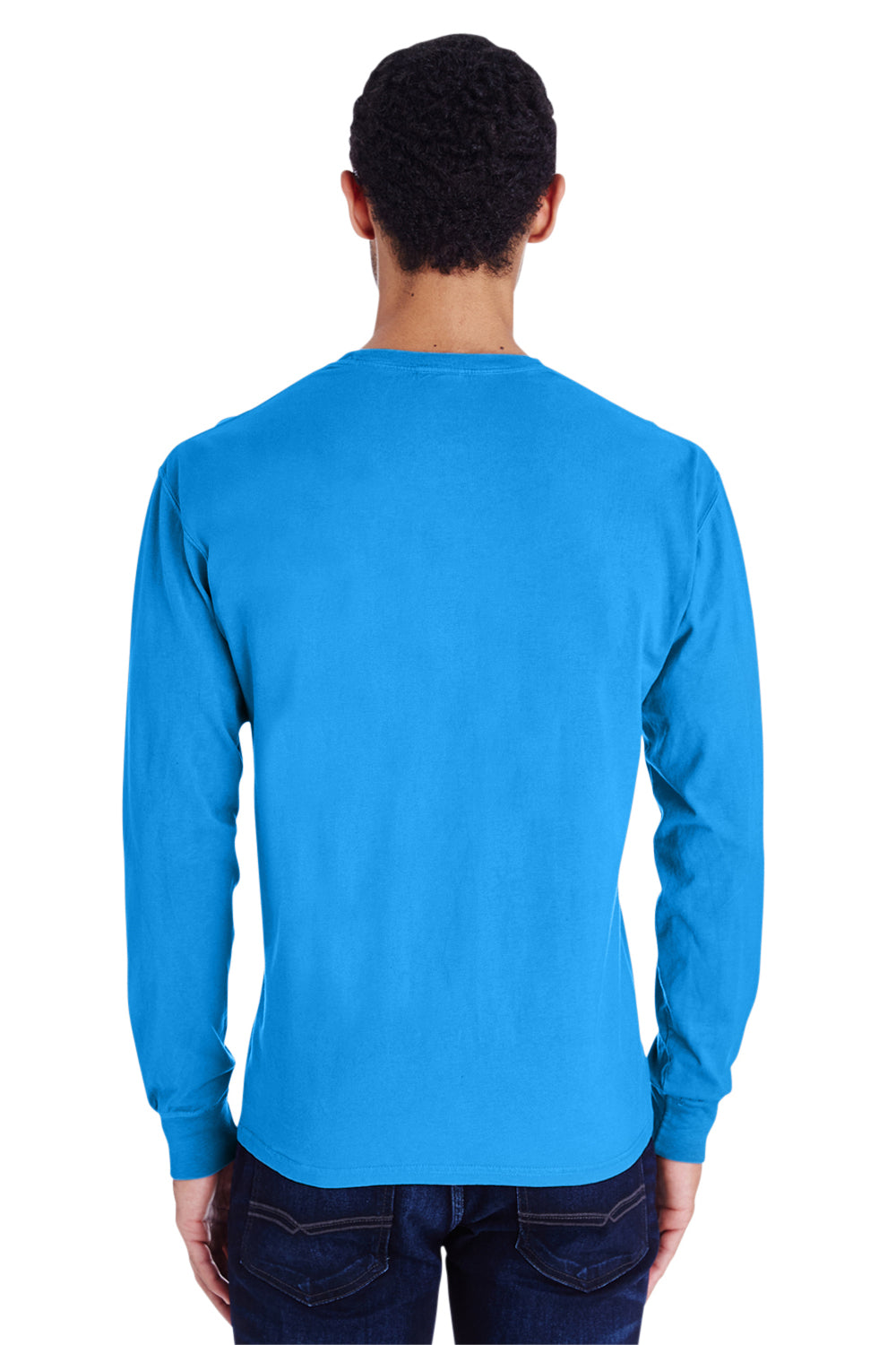 ComfortWash By Hanes GDH250 Mens Long Sleeve Crewneck T-Shirt w/ Pocket Summer Sky Blue Model Back