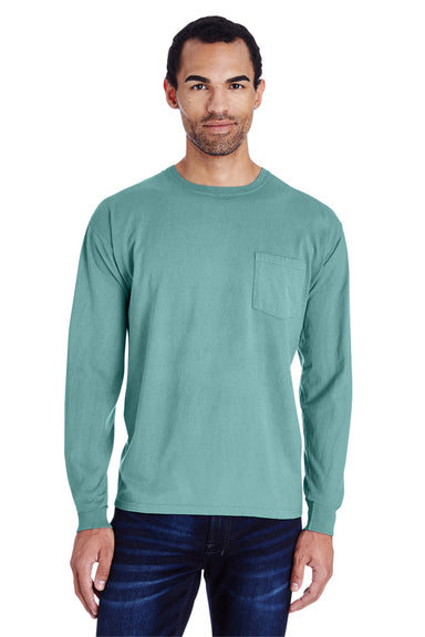 ComfortWash By Hanes GDH250 Mens Long Sleeve Crewneck T-Shirt w/ Pocket Spanish Moss Green Model Front