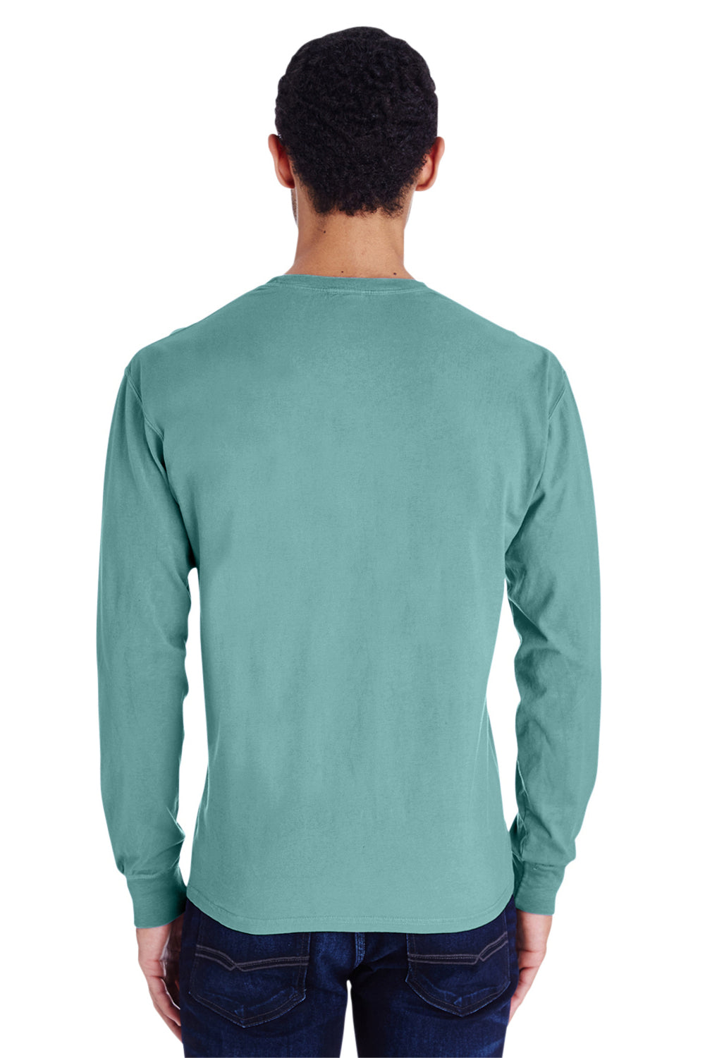 ComfortWash By Hanes GDH250 Mens Long Sleeve Crewneck T-Shirt w/ Pocket Spanish Moss Green Model Back