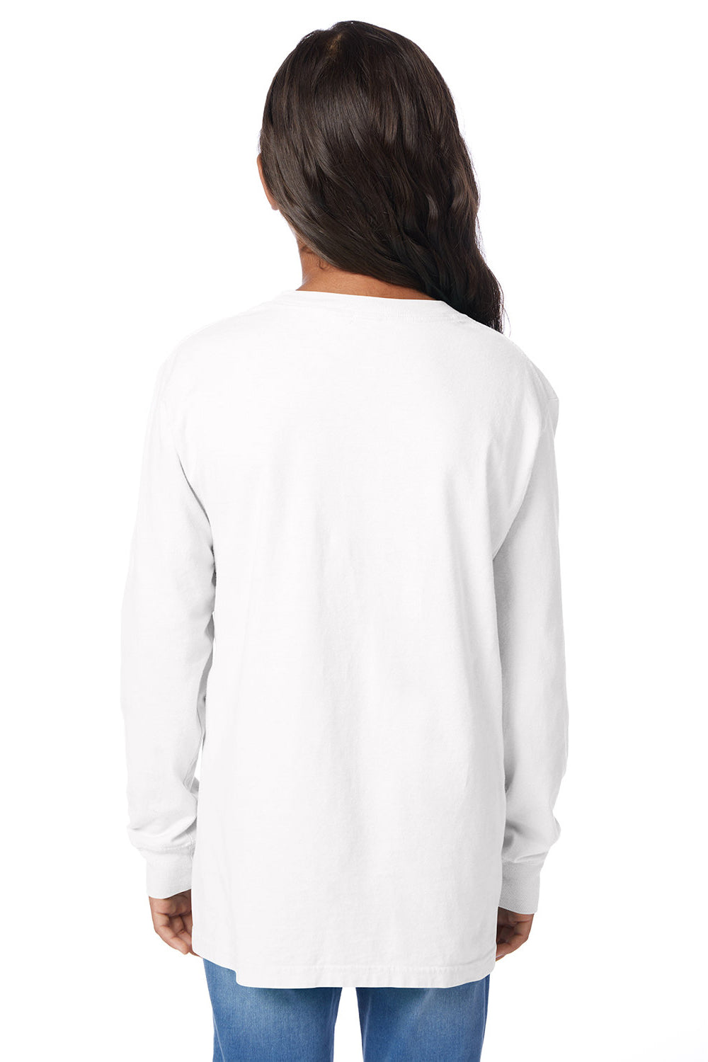 ComfortWash By Hanes GDH275 Youth Garment Dyed Long Sleeve Crewneck T-Shirt White Model Back