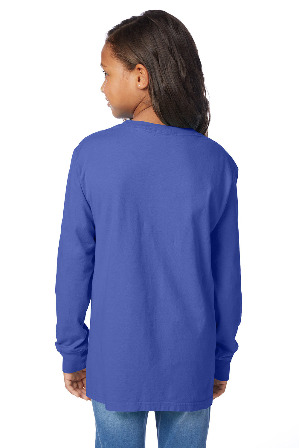 ComfortWash By Hanes GDH275 Youth Garment Dyed Long Sleeve Crewneck T-Shirt Deep Forte Blue Model Back