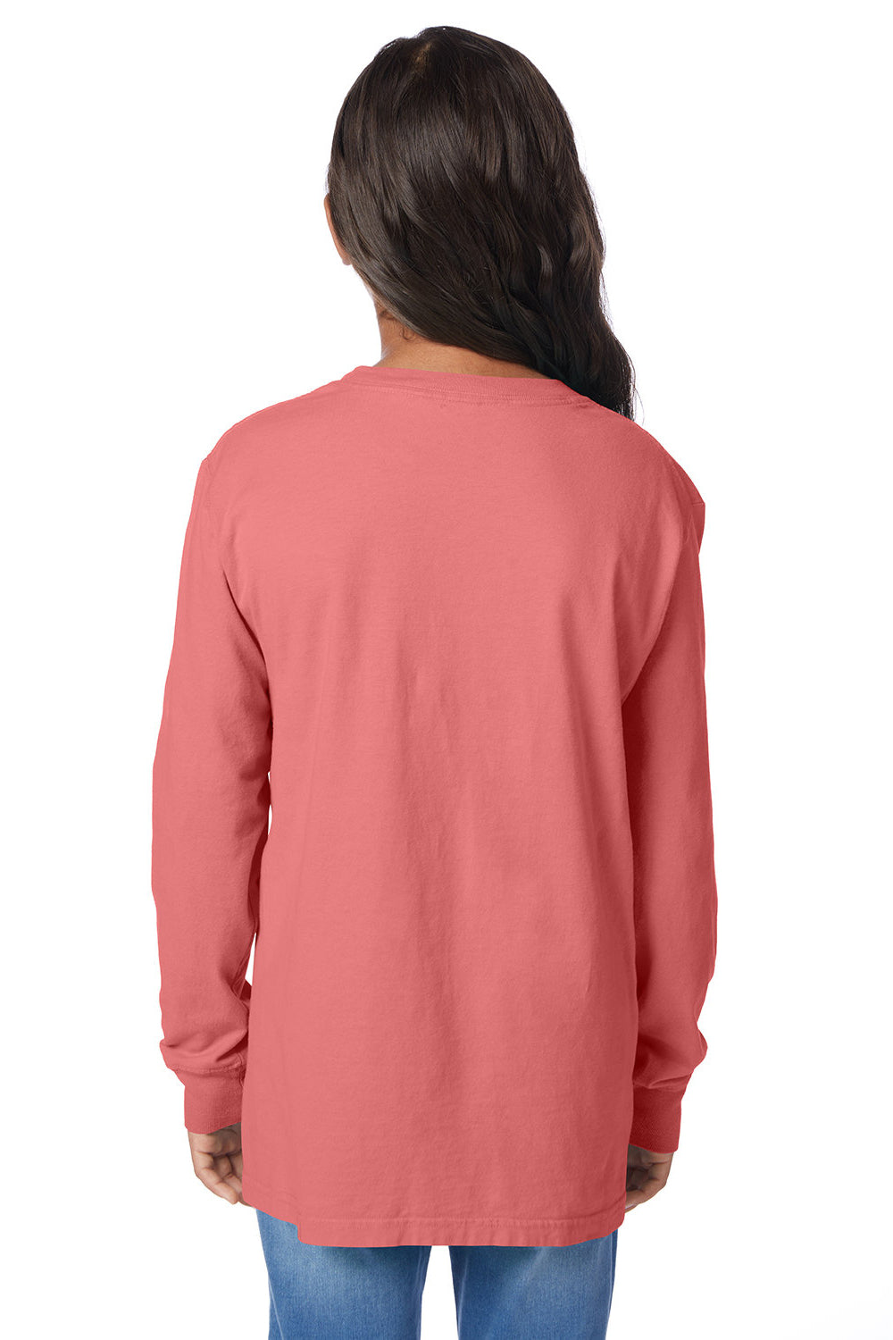 ComfortWash By Hanes GDH275 Youth Garment Dyed Long Sleeve Crewneck T-Shirt Coral Craze Model Back