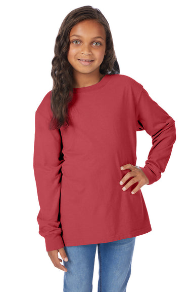 ComfortWash By Hanes GDH275 Youth Garment Dyed Long Sleeve Crewneck T-Shirt Crimson Fall Red Model Front