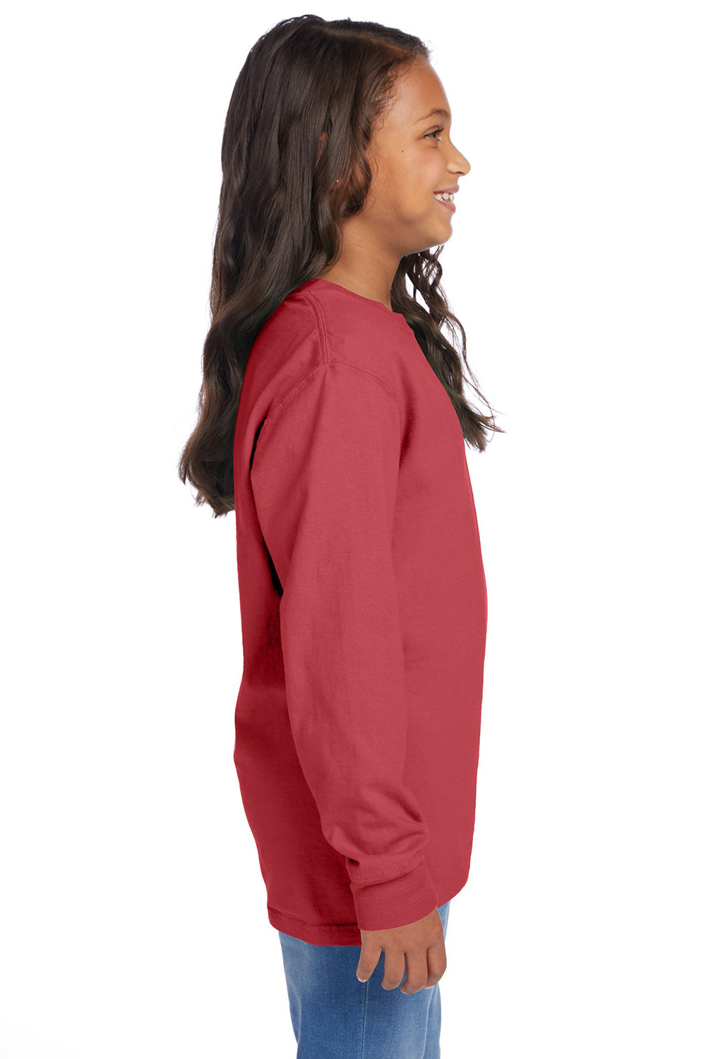 ComfortWash By Hanes GDH275 Youth Garment Dyed Long Sleeve Crewneck T-Shirt Crimson Fall Red Model Side