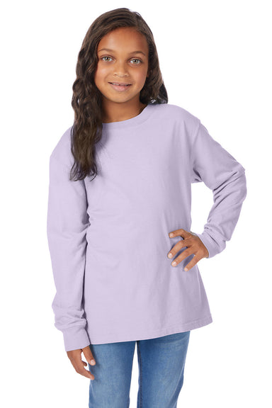 ComfortWash By Hanes GDH275 Youth Garment Dyed Long Sleeve Crewneck T-Shirt Future Lavender Purple Model Front