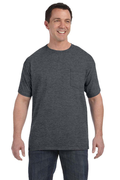 Hanes 5590 Mens Authentic Short Sleeve Crewneck T-Shirt w/ Pocket Heather Charcoal Grey Model Front