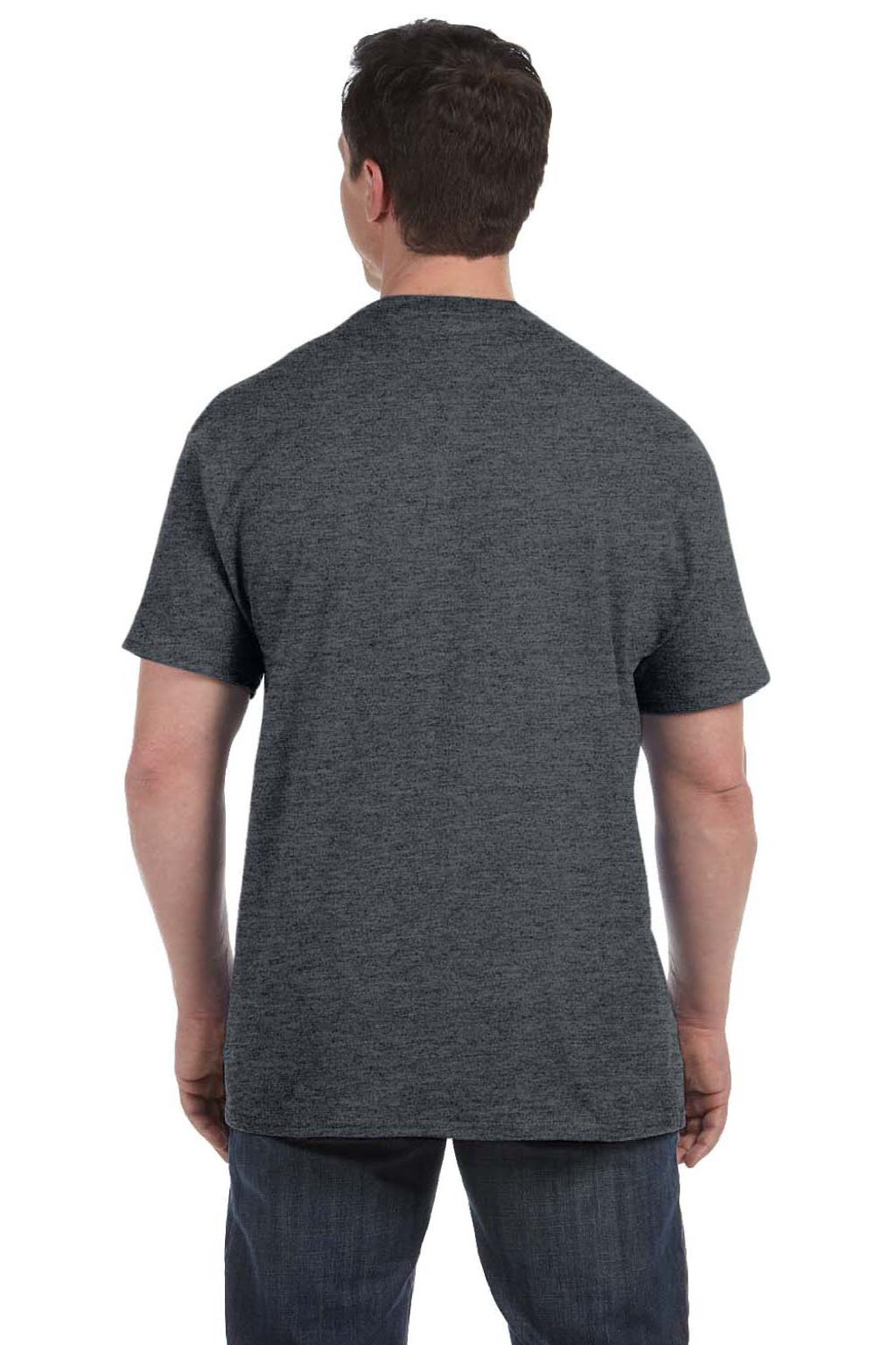 Hanes 5590 Mens Authentic Short Sleeve Crewneck T-Shirt w/ Pocket Heather Charcoal Grey Model Back