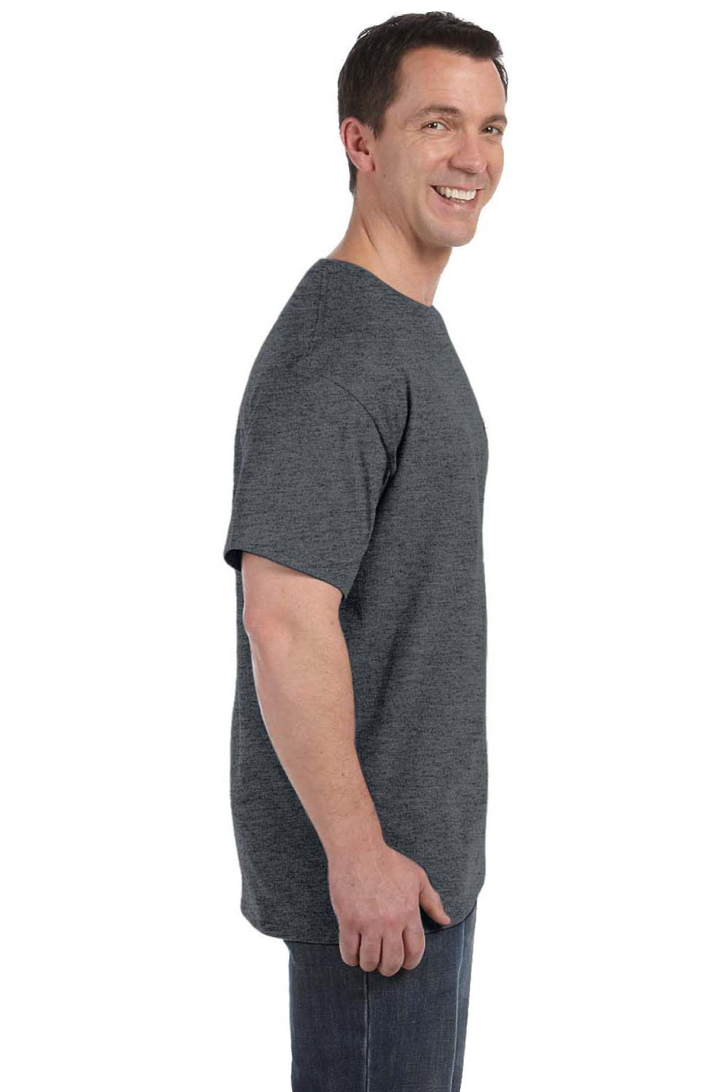Hanes 5590 Mens Authentic Short Sleeve Crewneck T-Shirt w/ Pocket Heather Charcoal Grey Model Side