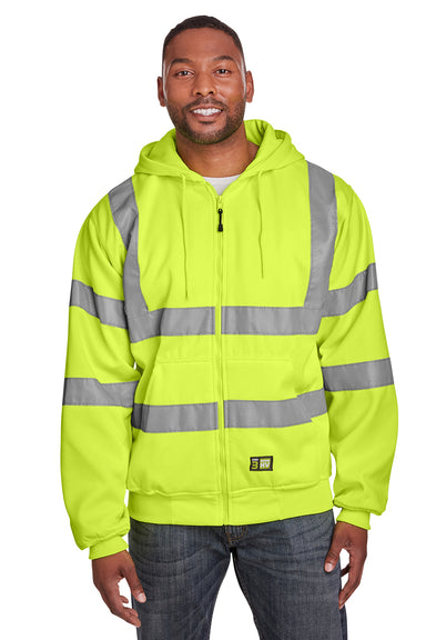 Berne HVF021 Mens High Visability Fleece Full Zip Hooded Sweatshirt Hoodie Safety Yellow Model Front