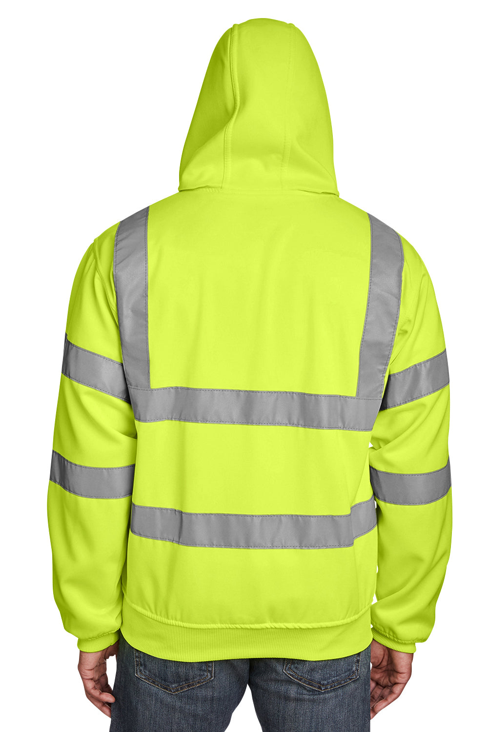 Berne HVF021 Mens High Visability Fleece Full Zip Hooded Sweatshirt Hoodie Safety Yellow Model Back
