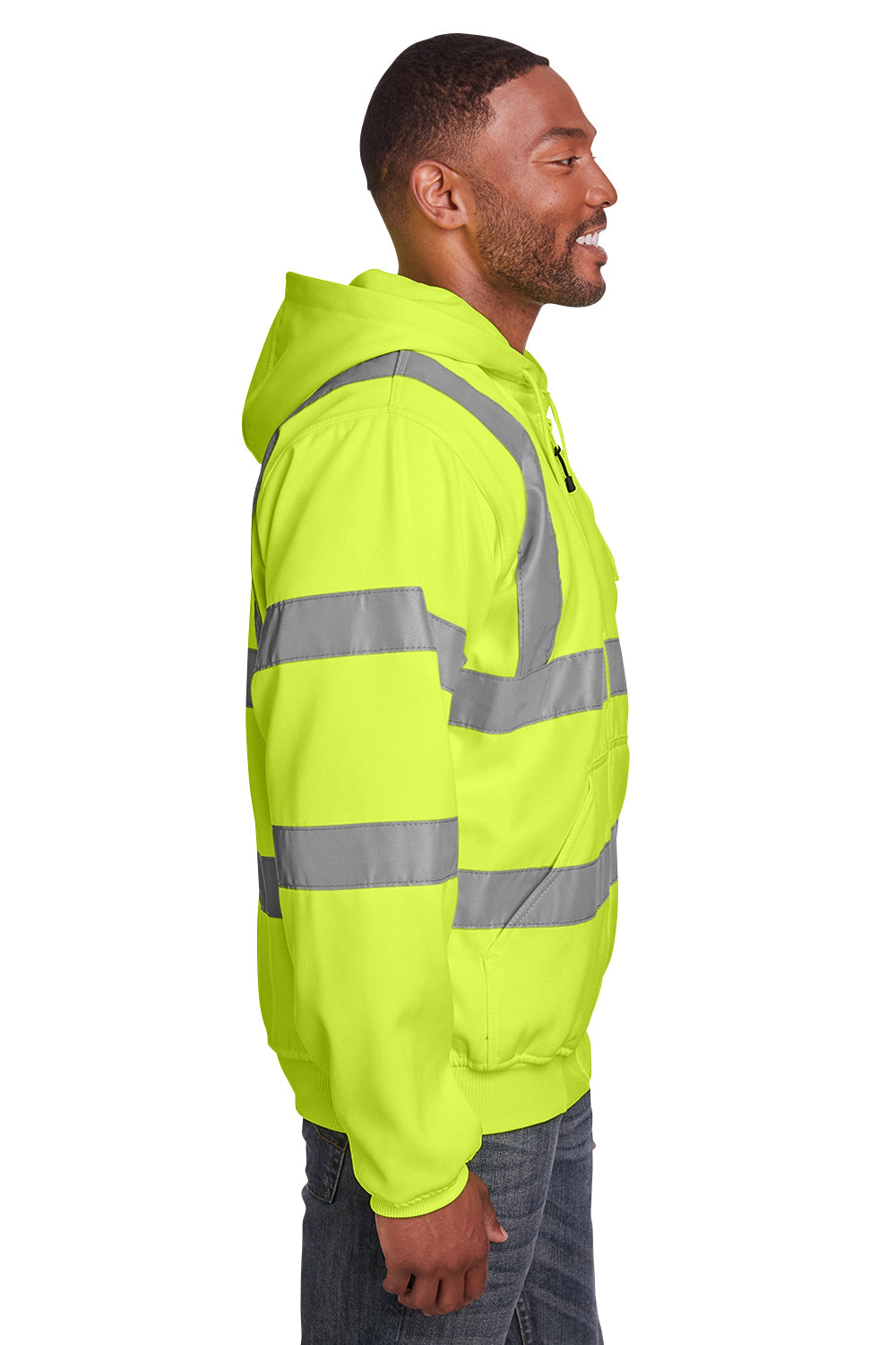 Berne HVF021 Mens High Visability Fleece Full Zip Hooded Sweatshirt Hoodie Safety Yellow Model Side
