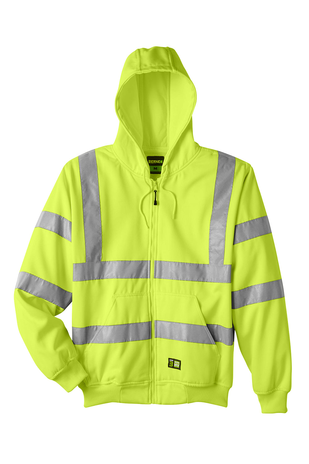 Berne HVF021 Mens High Visability Fleece Full Zip Hooded Sweatshirt Hoodie Safety Yellow Flat Front
