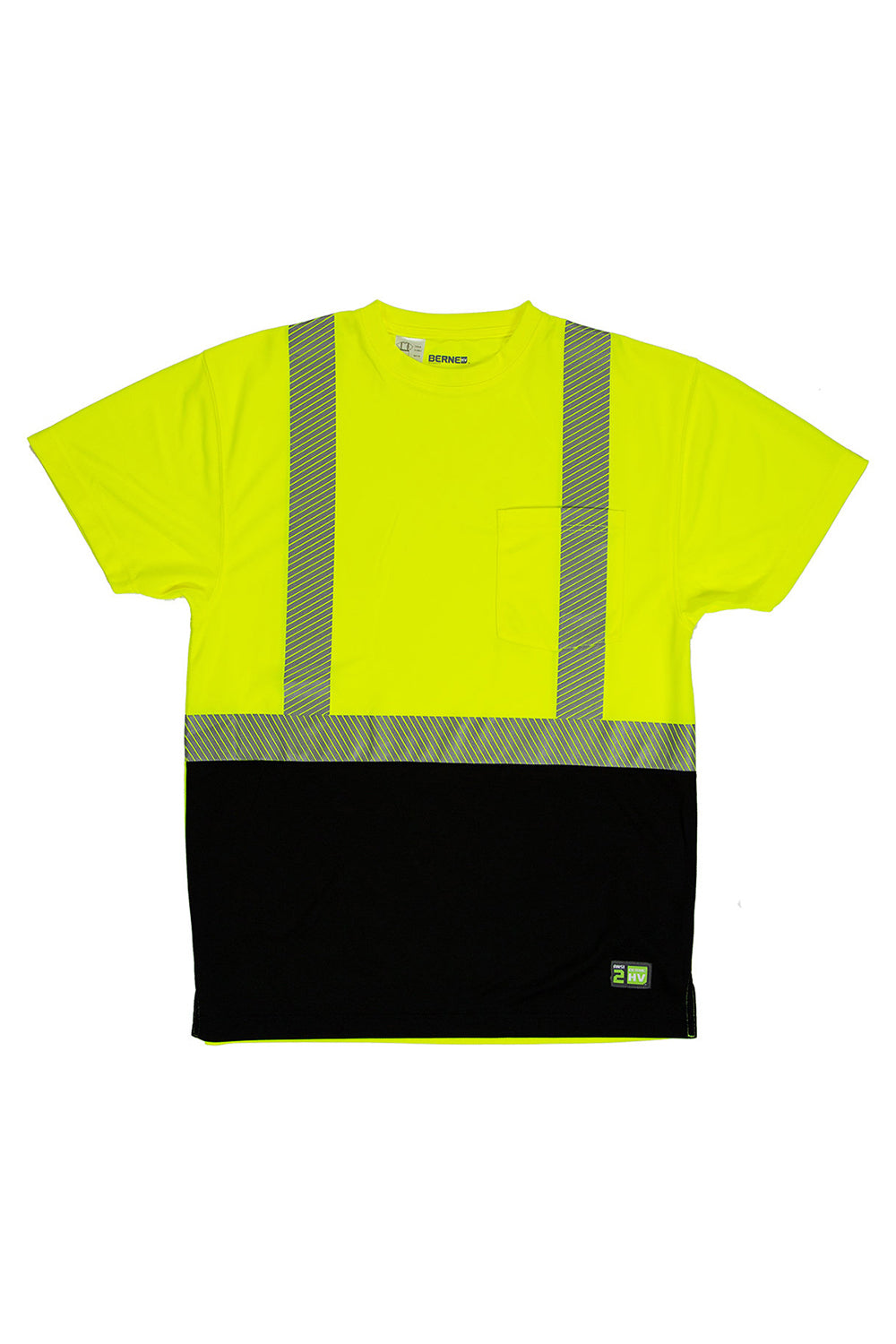 Berne HVK017 Mens Hi-Vis Class 2 Color Blocked Moisture Wicking Short Sleeve Crewneck T-Shirt w/ Pocket High Vis Yellow Flat Front