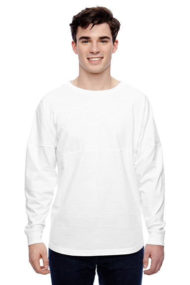 J America 8229 Mens Game Day Jersey Long Sleeve Crewneck T-Shirt White Model Front
