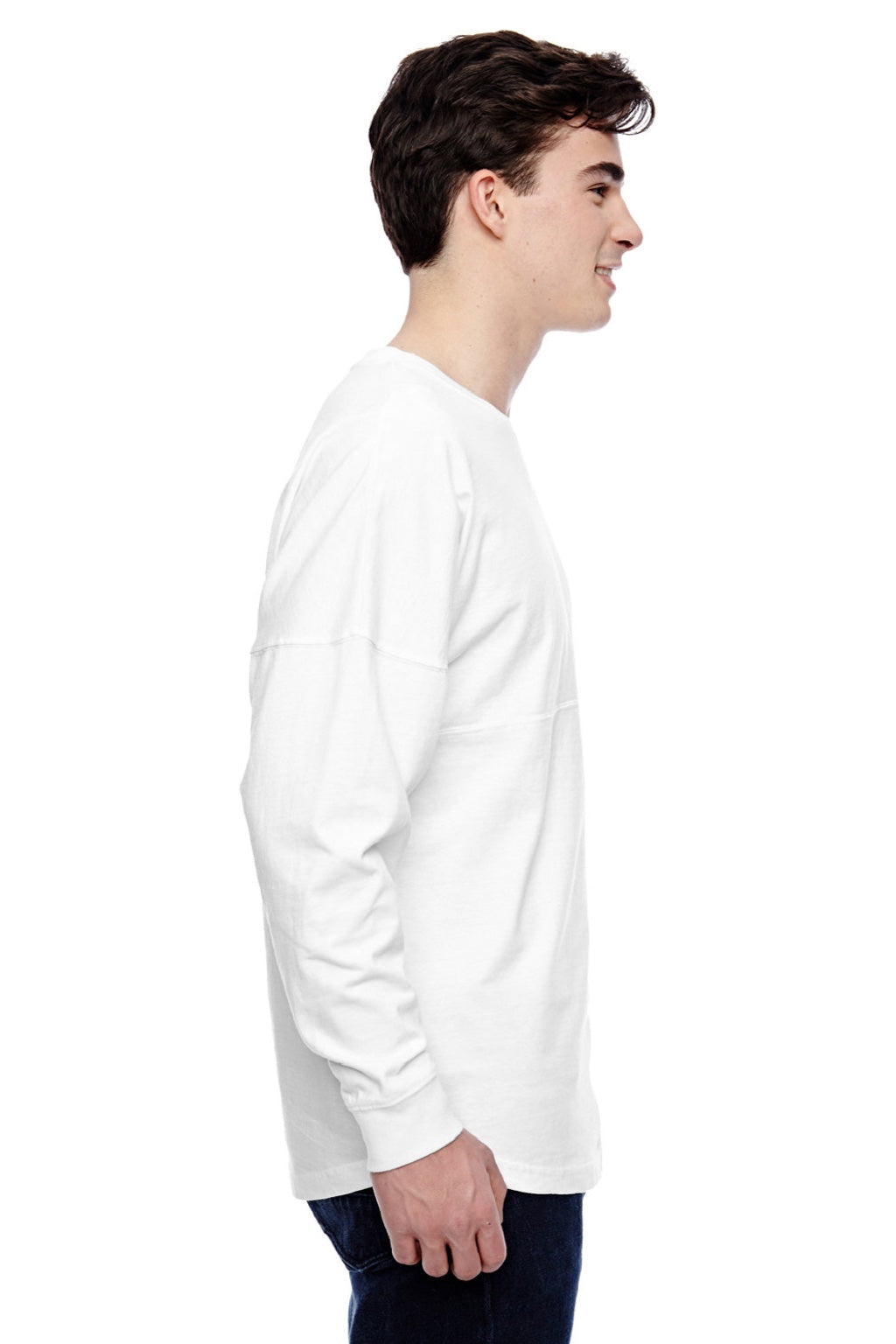 J America 8229 Mens Game Day Jersey Long Sleeve Crewneck T-Shirt White Model Side