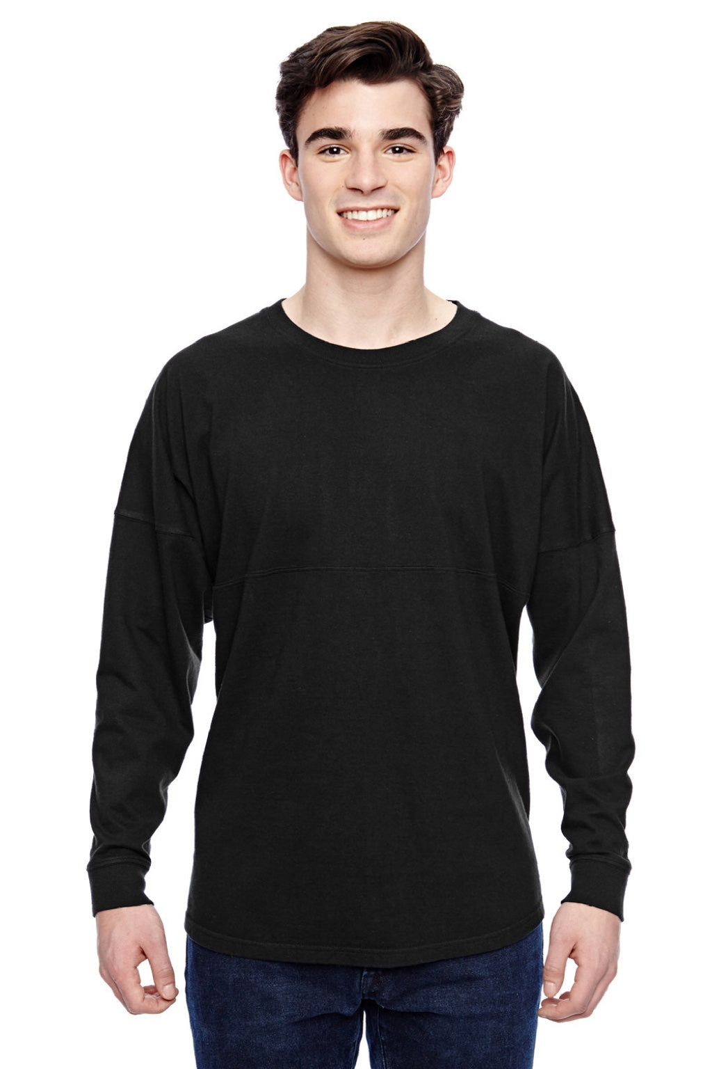 J America 8229 Mens Game Day Jersey Long Sleeve Crewneck T-Shirt Black Model Front