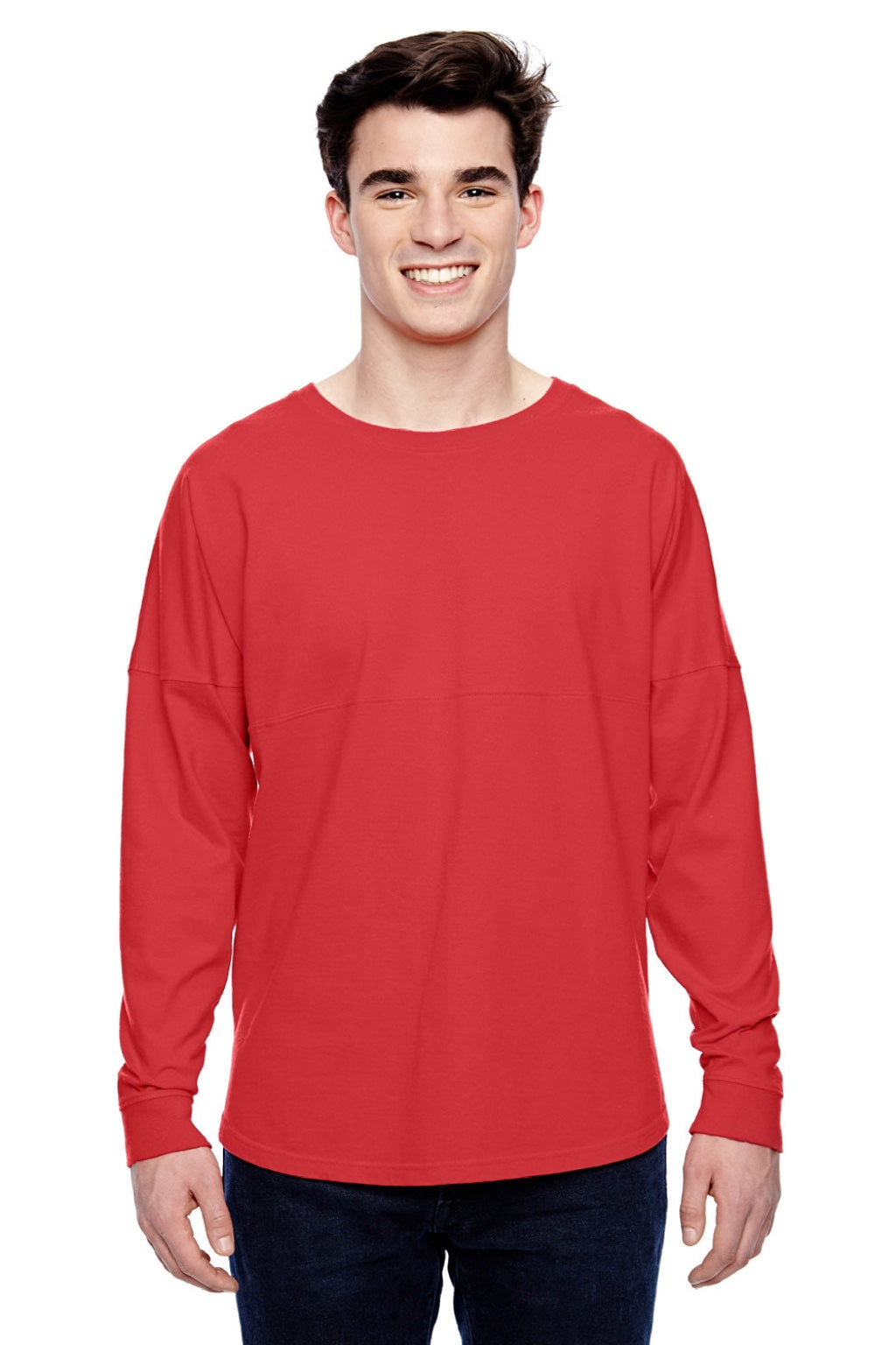 J America 8229 Mens Game Day Jersey Long Sleeve Crewneck T-Shirt Red Model Front