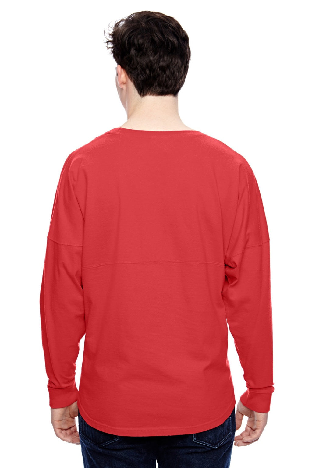 J America 8229 Mens Game Day Jersey Long Sleeve Crewneck T-Shirt Red Model Back
