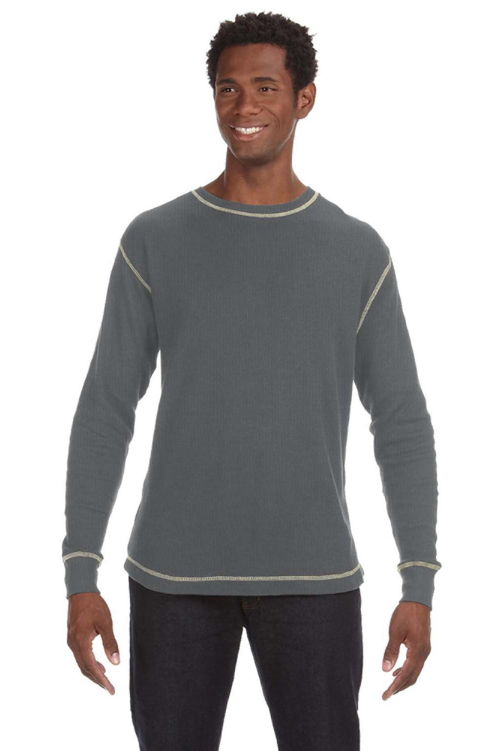 J America 8238 Mens Vintage Thermal Long Sleeve Crewneck T-Shirt Heather Charcoal Grey Model Front