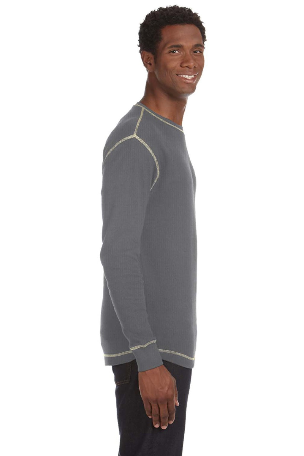 J America 8238 Mens Vintage Thermal Long Sleeve Crewneck T-Shirt Heather Charcoal Grey Model Side