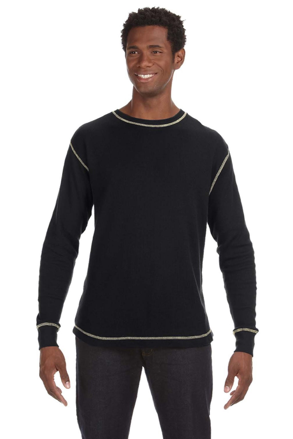 J America 8238 Mens Vintage Thermal Long Sleeve Crewneck T-Shirt Black Model Front