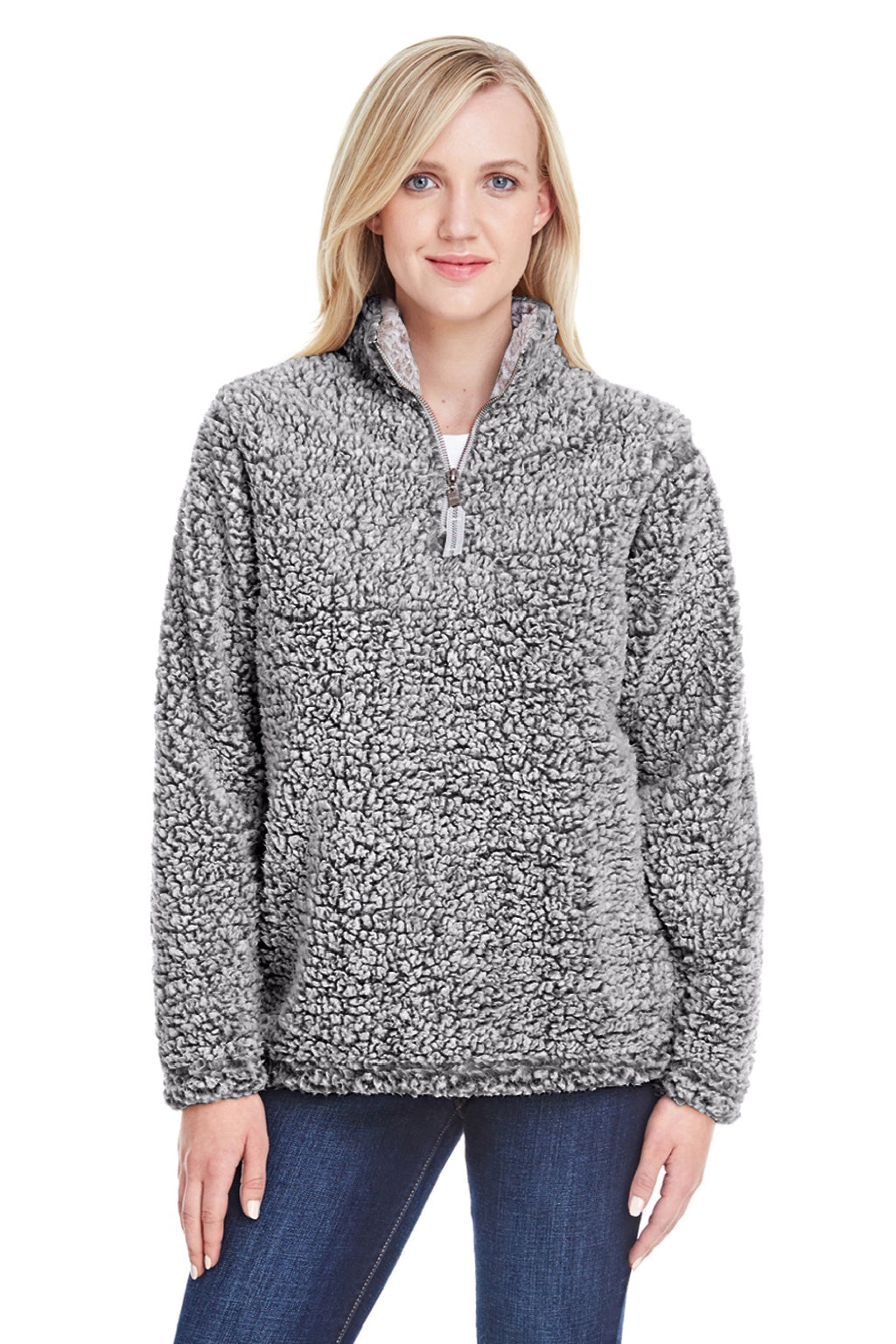 J America 8451 Womens Epic Sherpa Fleece 1/4 Zip Sweatshirt Heather Black Model Front