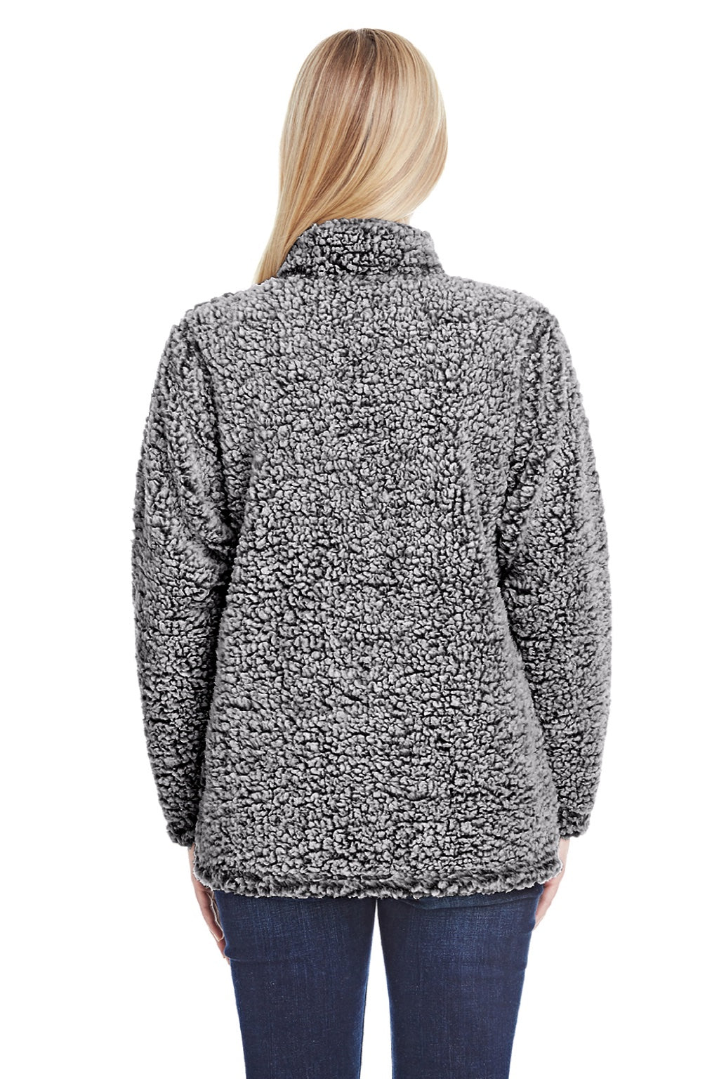J America 8451 Womens Epic Sherpa Fleece 1/4 Zip Sweatshirt Heather Black Model Back