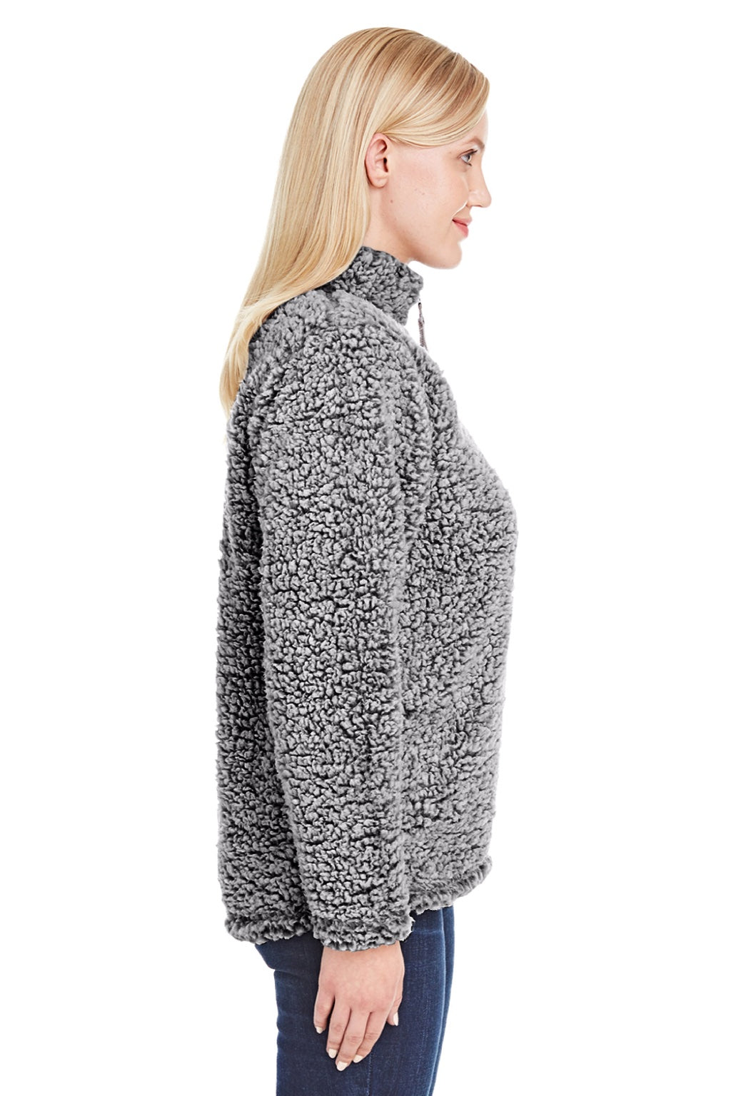 J America 8451 Womens Epic Sherpa Fleece 1/4 Zip Sweatshirt Heather Black Model Side