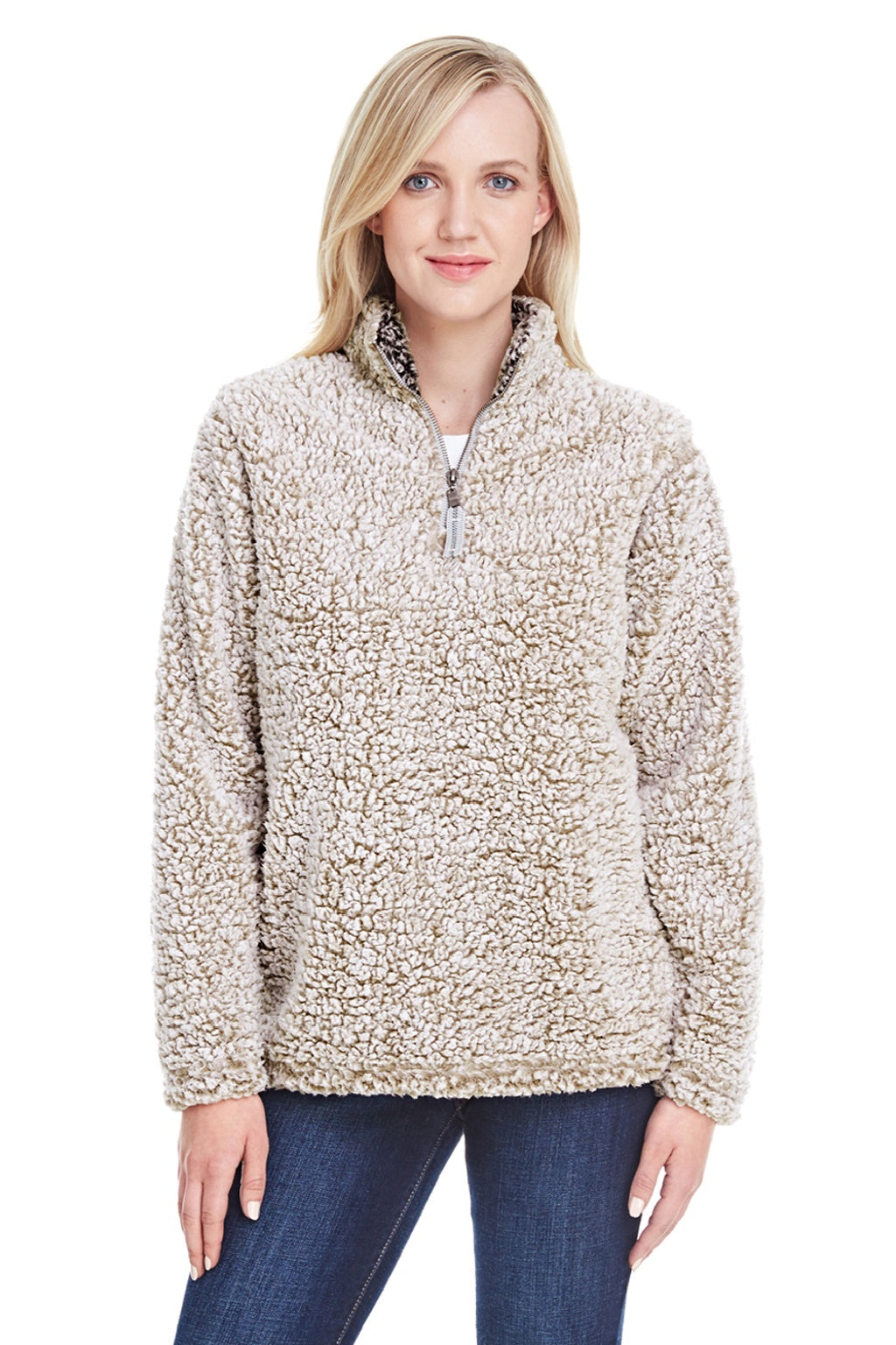 J America 8451 Womens Epic Sherpa Fleece 1/4 Zip Sweatshirt Heather Oatmeal Model Front