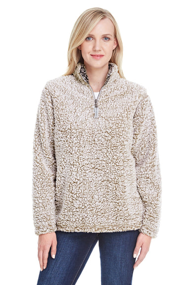 J America 8451 Womens Epic Sherpa Fleece 1/4 Zip Sweatshirt Heather Oatmeal Model Front