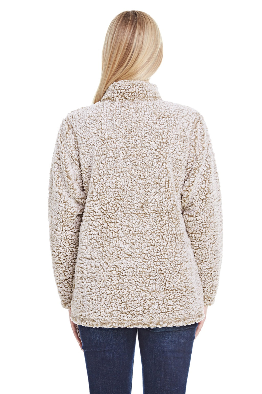 J America 8451 Womens Epic Sherpa Fleece 1/4 Zip Sweatshirt Heather Oatmeal Model Back