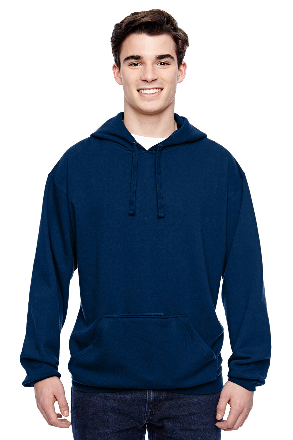 J America JA8815/8815 Mens Tailgate Fleece Hooded Sweatshirt Hoodie w/ Pouch Pocket Navy Blue Model Front