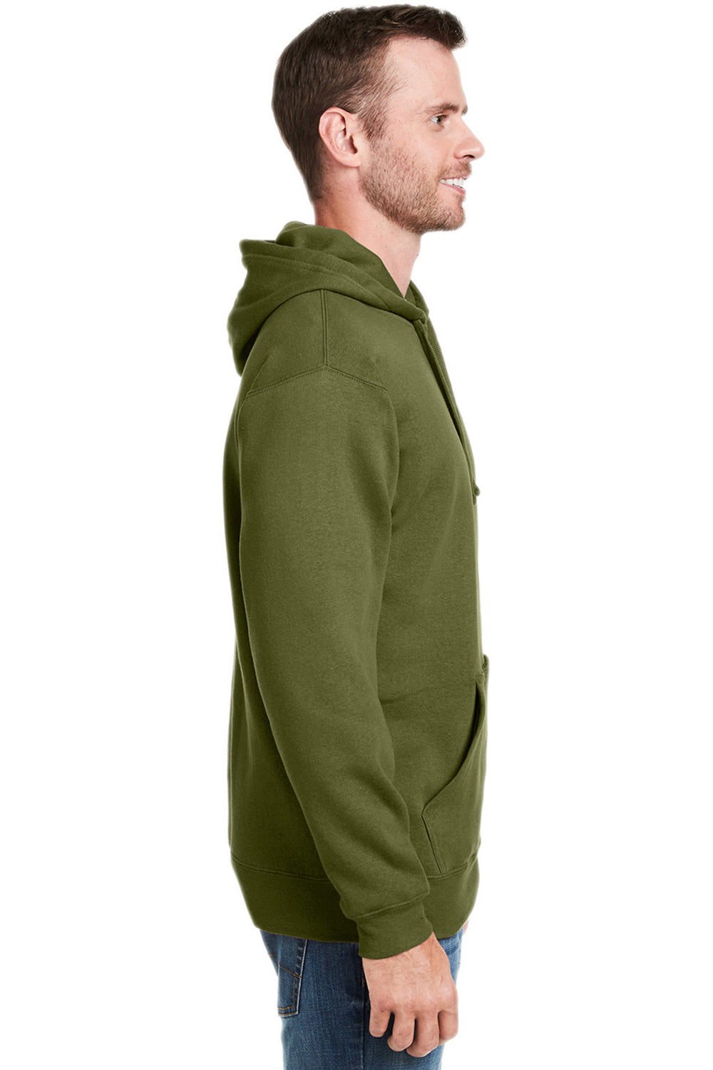 J America JA8815/8815 Mens Tailgate Fleece Hooded Sweatshirt Hoodie w/ Pouch Pocket Olive Green Model Side