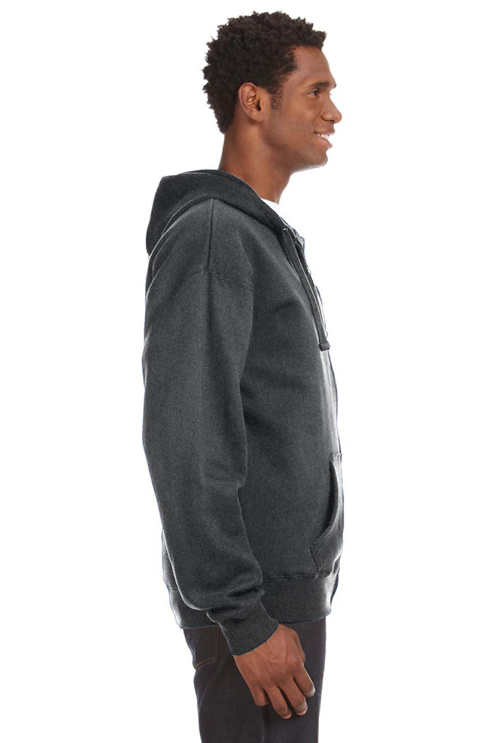 J America JA8821/8821 Mens Premium Fleece Full Zip Hooded Sweatshirt Hoodie w/ Pockets Charcoal Grey Model Side